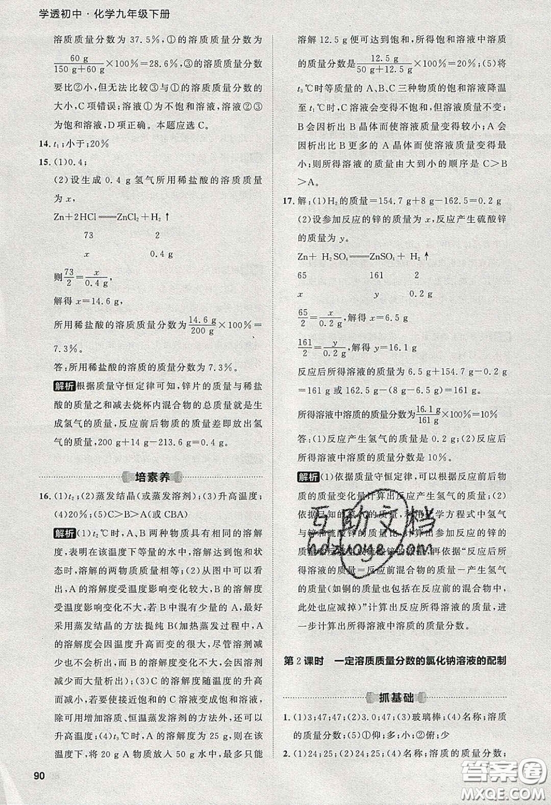 2020學透初中同步練習九年級化學下冊人教版答案