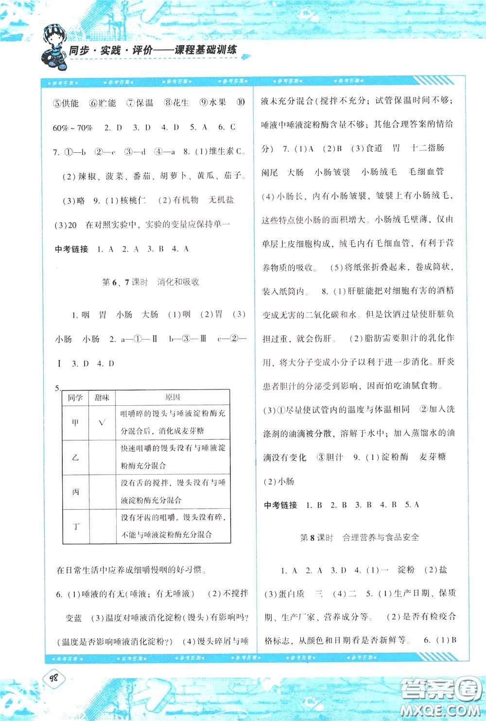 2020年課程基礎(chǔ)訓(xùn)練生物七年級(jí)下冊(cè)人教版參考答案