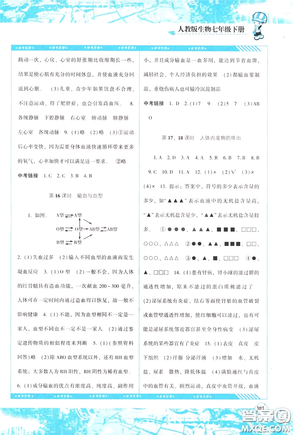 2020年課程基礎(chǔ)訓(xùn)練生物七年級(jí)下冊(cè)人教版參考答案