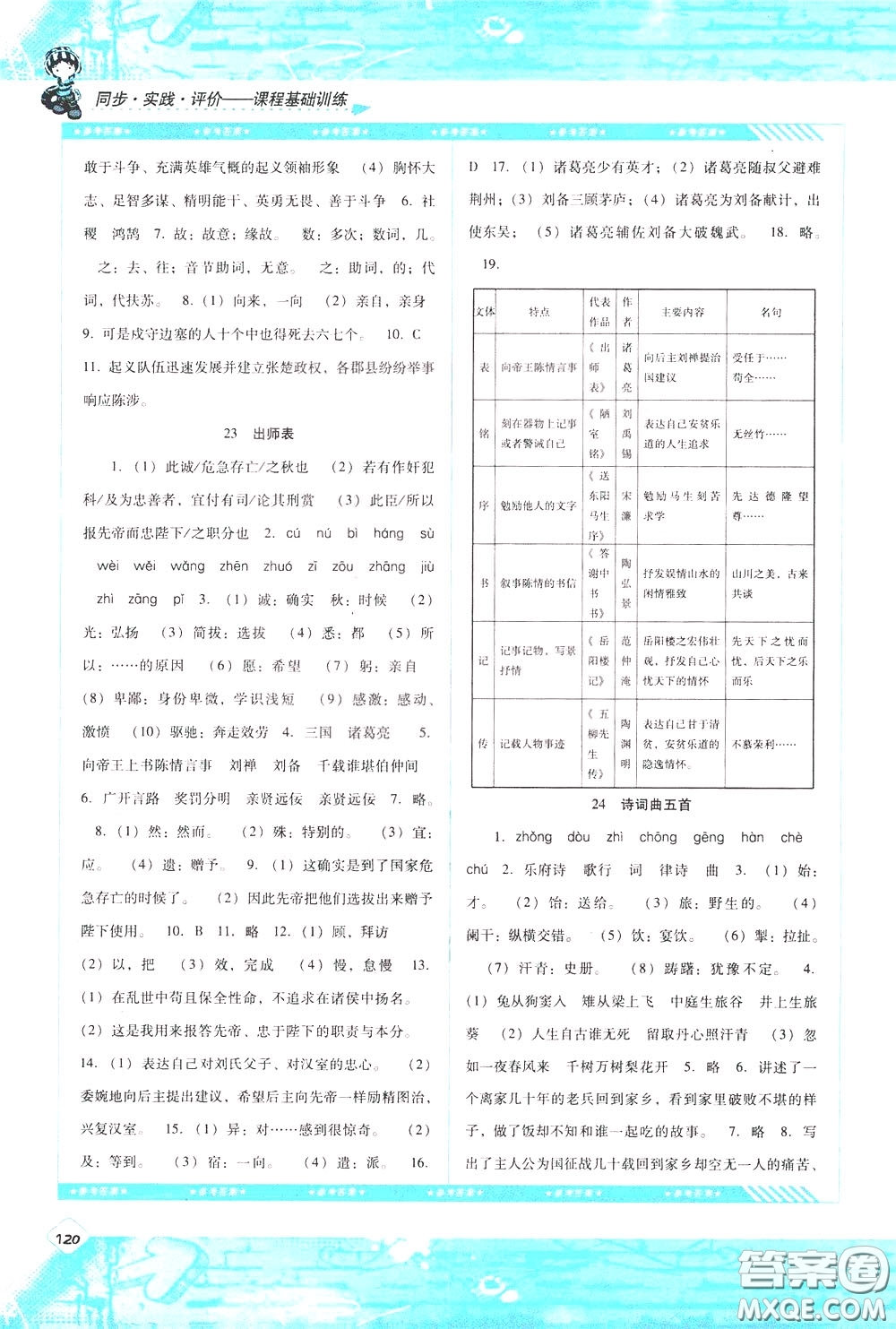 2020年課程基礎(chǔ)訓(xùn)練語(yǔ)文九年級(jí)下冊(cè)人教版參考答案