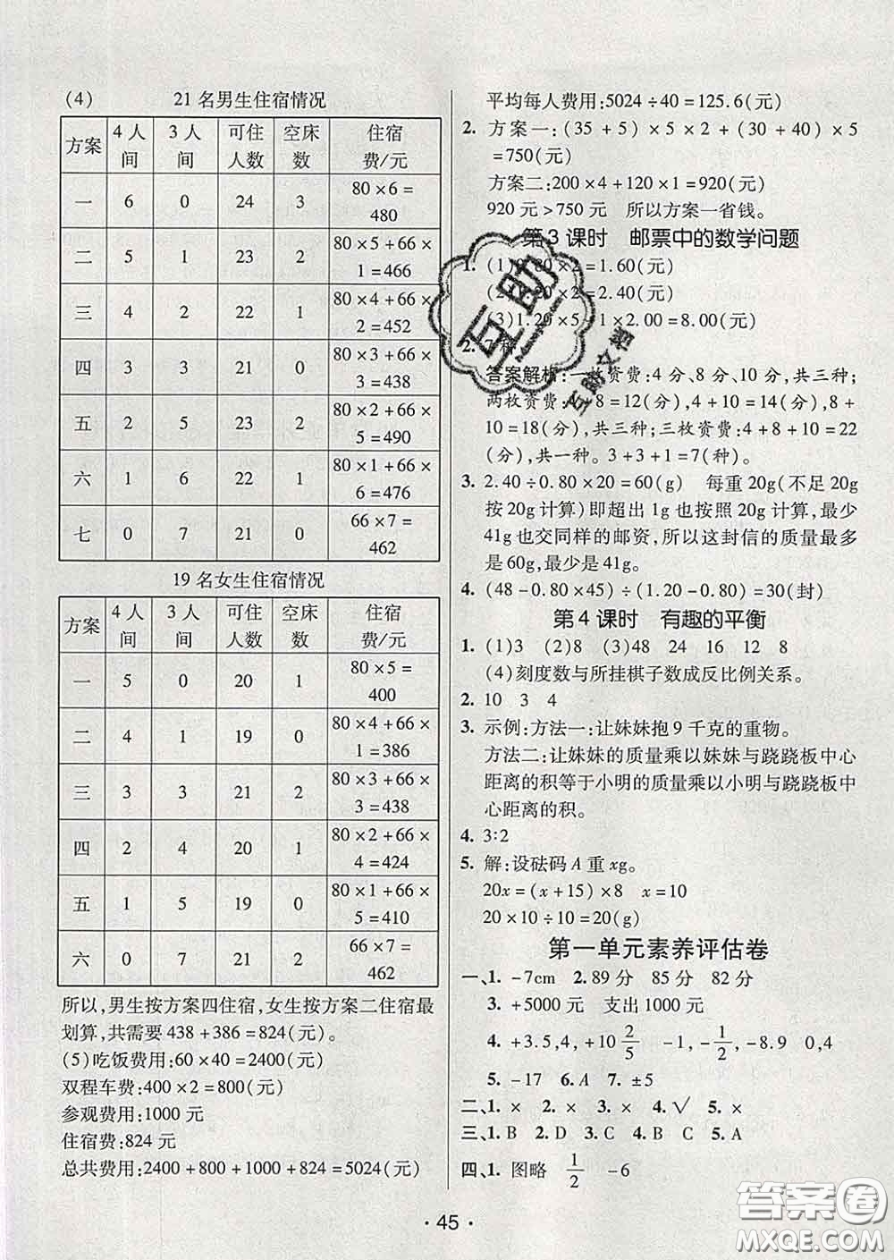 2020春同行課課100分過(guò)關(guān)作業(yè)六年級(jí)數(shù)學(xué)下冊(cè)人教版答案