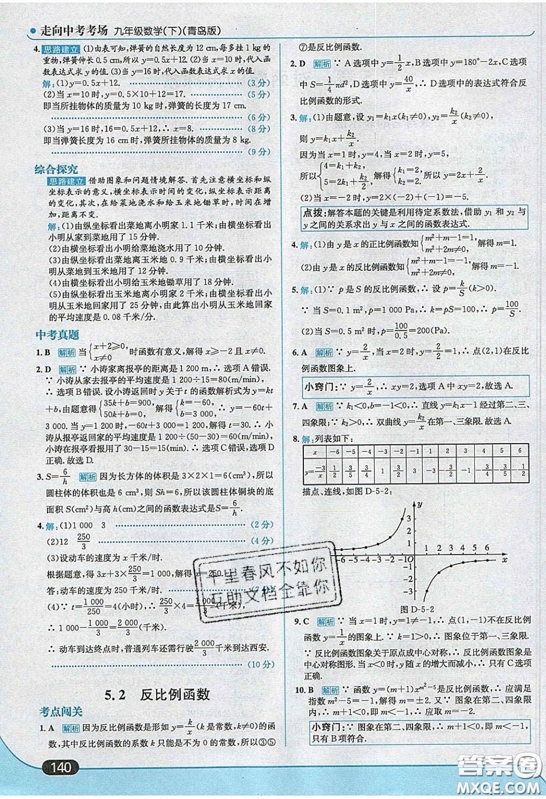 2020春走進(jìn)中考考場(chǎng)九年級(jí)數(shù)學(xué)下冊(cè)青島版答案