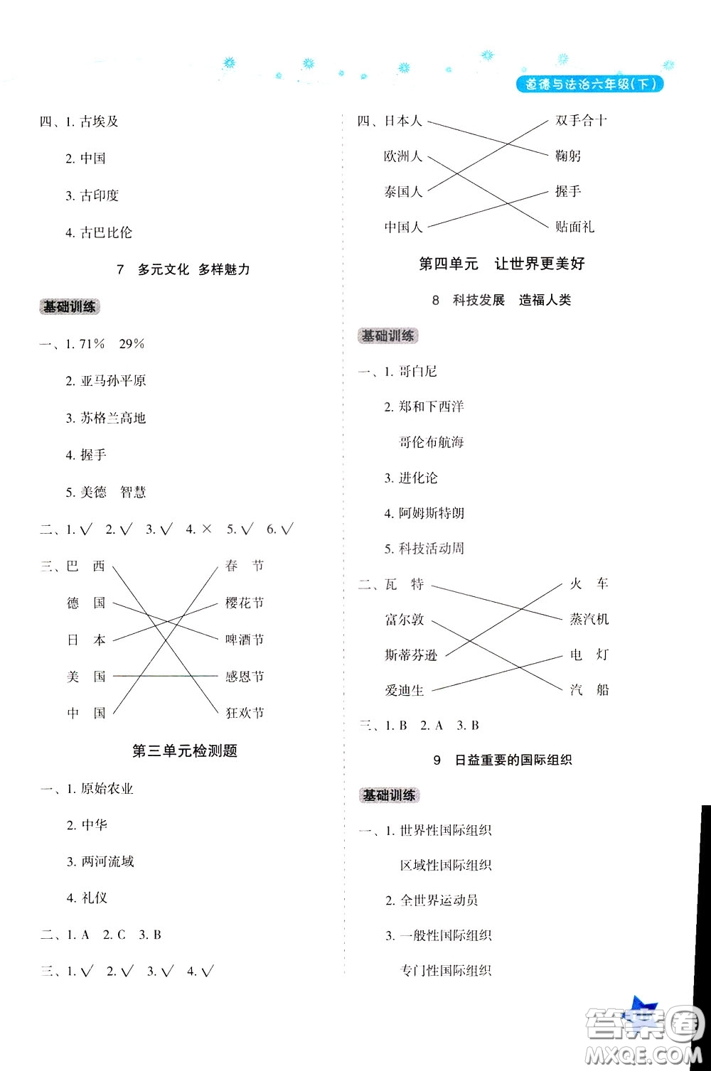 湖南教育出版社2020年學(xué)法大視野道德與法治六年級(jí)下冊(cè)人教版參考答案