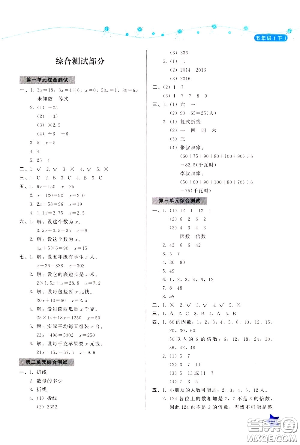 湖南教育出版社2020年學(xué)法大視野數(shù)學(xué)五年級(jí)下冊(cè)蘇教版參考答案