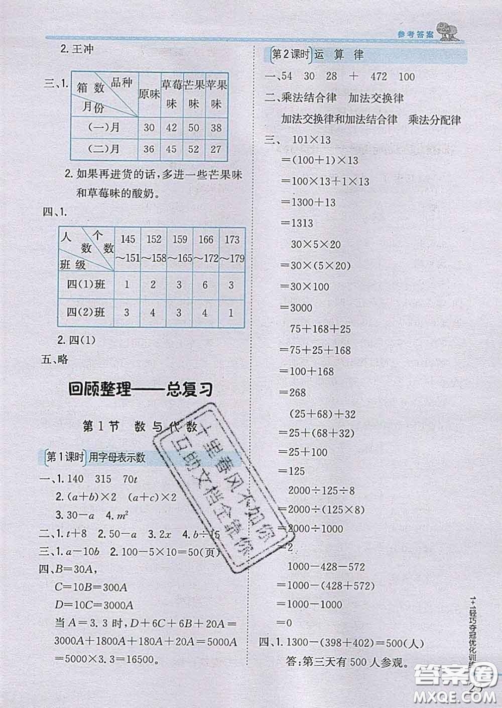 2020新版1加1輕巧奪冠優(yōu)化訓(xùn)練四年級(jí)數(shù)學(xué)下冊(cè)青島版答案