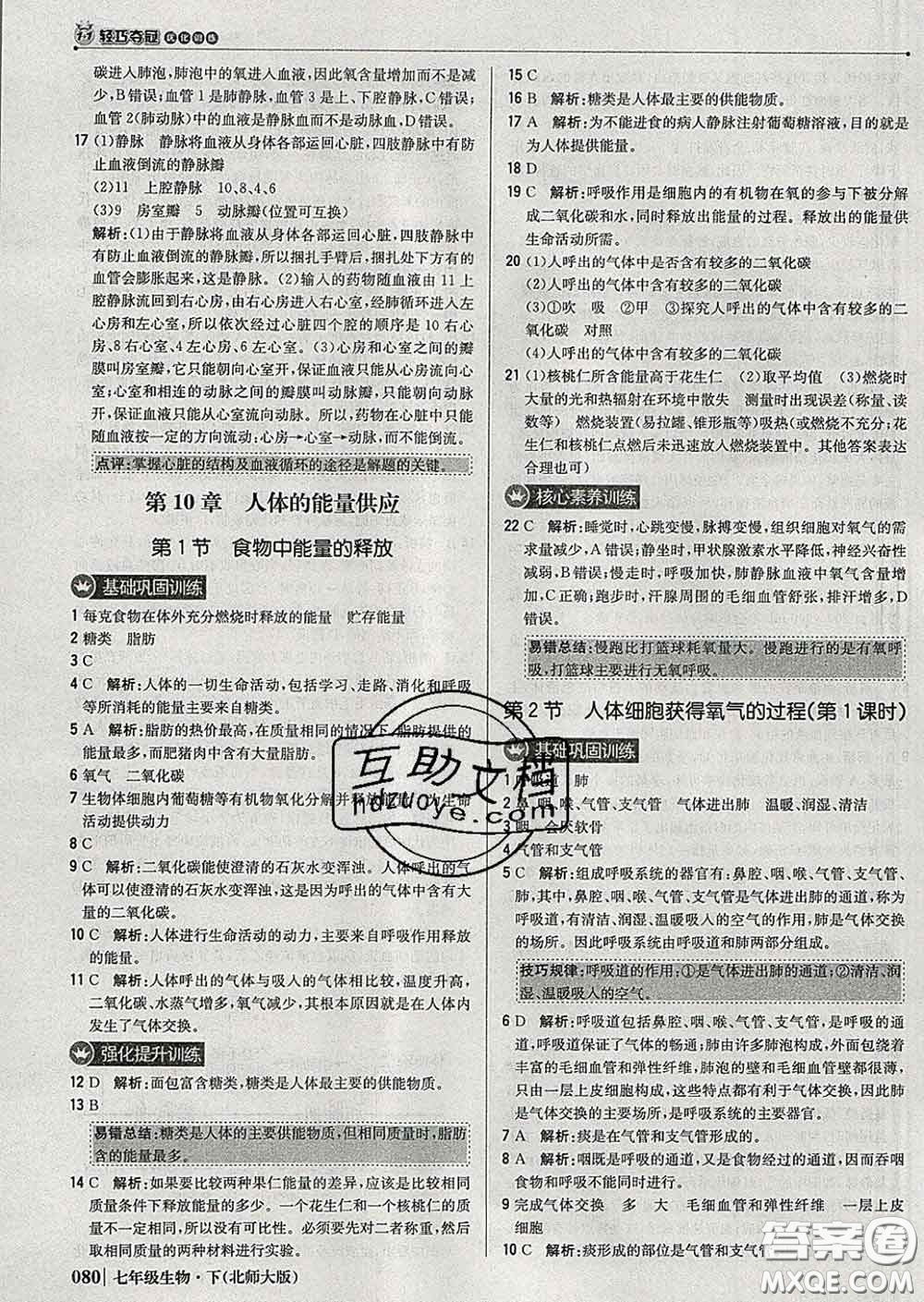 2020新版1加1輕巧奪冠優(yōu)化訓(xùn)練七年級(jí)生物下冊(cè)北師版答案