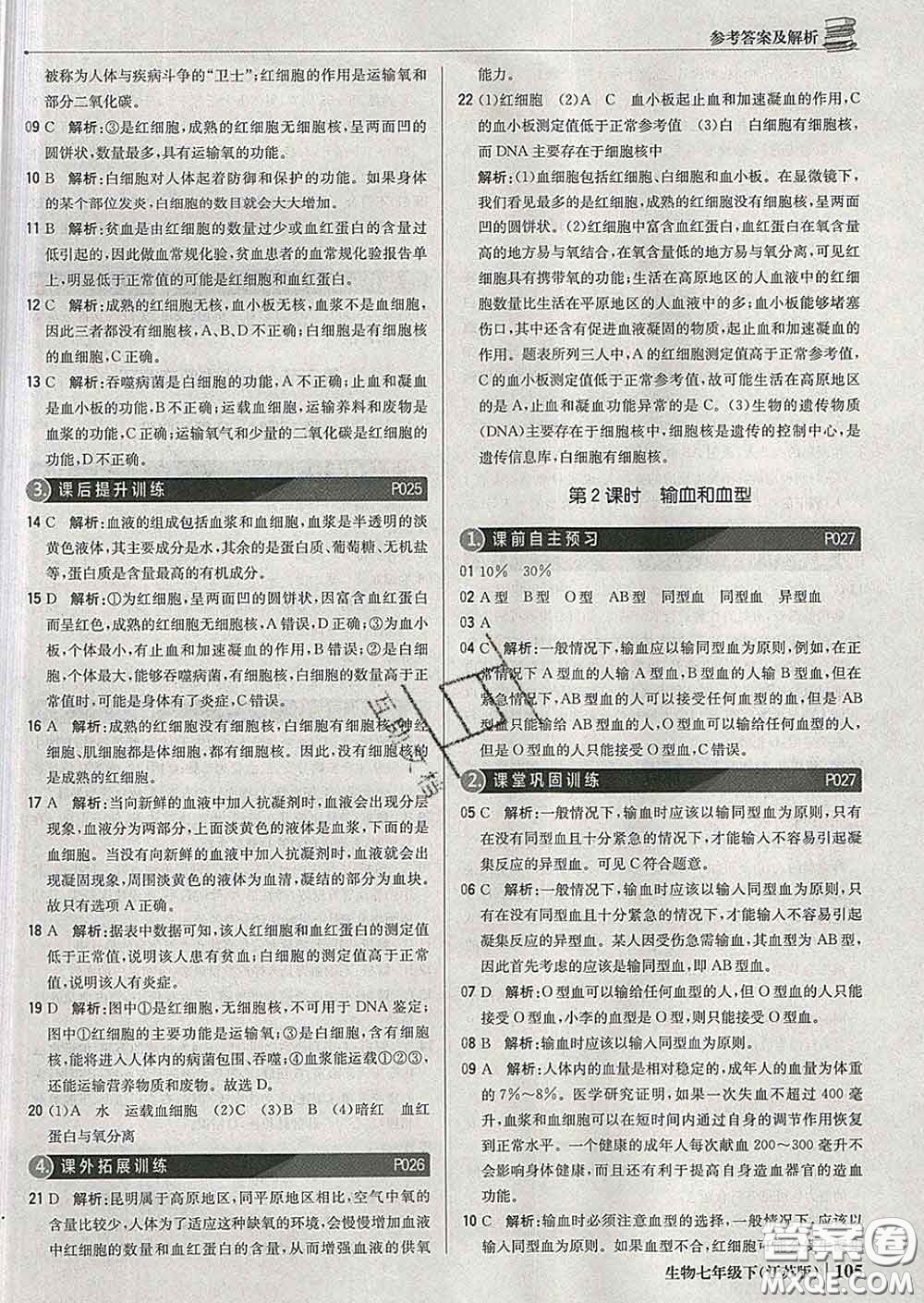 2020新版1加1輕巧奪冠優(yōu)化訓練七年級生物下冊江蘇版答案