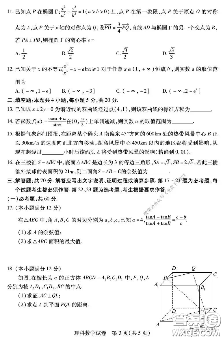 武漢市2020屆3月高中畢業(yè)班學(xué)習(xí)質(zhì)量檢測理科數(shù)學(xué)試題及答案