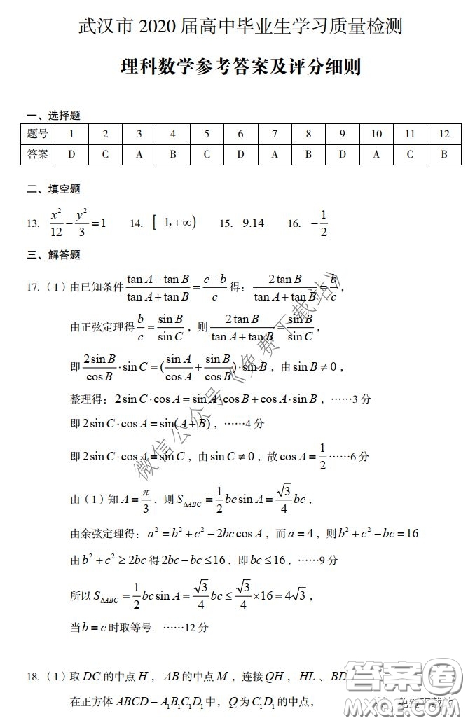 武漢市2020屆3月高中畢業(yè)班學(xué)習(xí)質(zhì)量檢測理科數(shù)學(xué)試題及答案