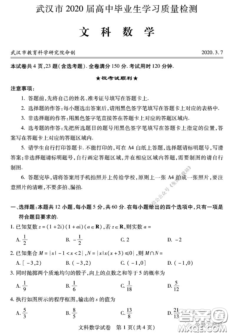 武漢市2020屆3月高中畢業(yè)班學(xué)習(xí)質(zhì)量檢測(cè)文科數(shù)學(xué)試題及答案