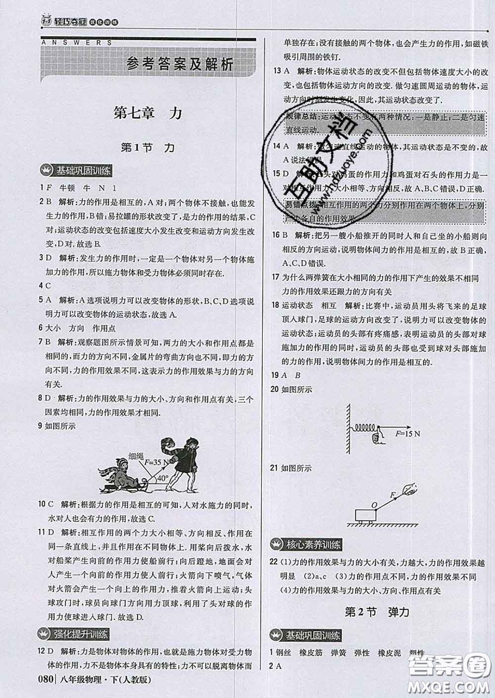 2020新版1加1輕巧奪冠優(yōu)化訓(xùn)練八年級(jí)物理下冊(cè)人教版答案