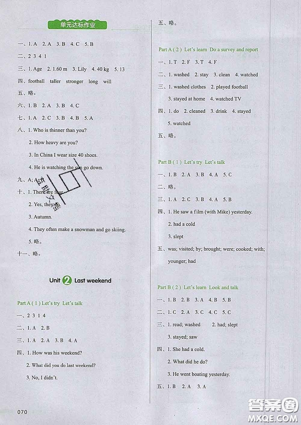 2020新版一本我愛寫作業(yè)小學(xué)英語六年級下冊人教版答案