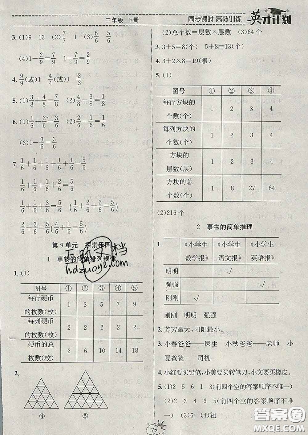 2020年英才計(jì)劃同步課時高效訓(xùn)練三年級數(shù)學(xué)下冊冀教版答案