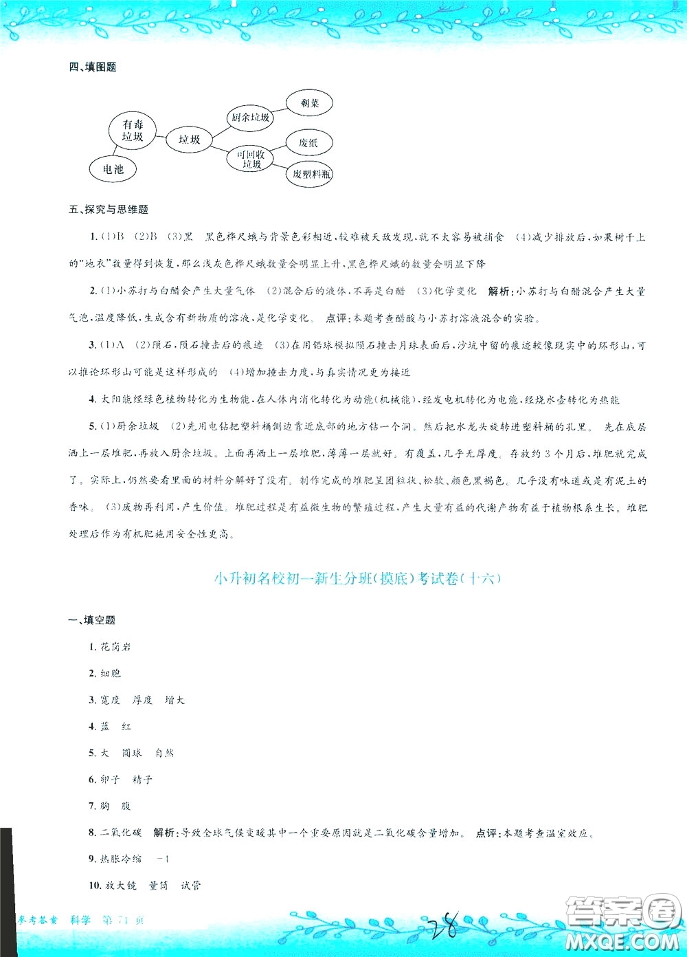 孟建平系列叢書2020年小升初名校初一新生分班摸底考試卷科學(xué)參考答案