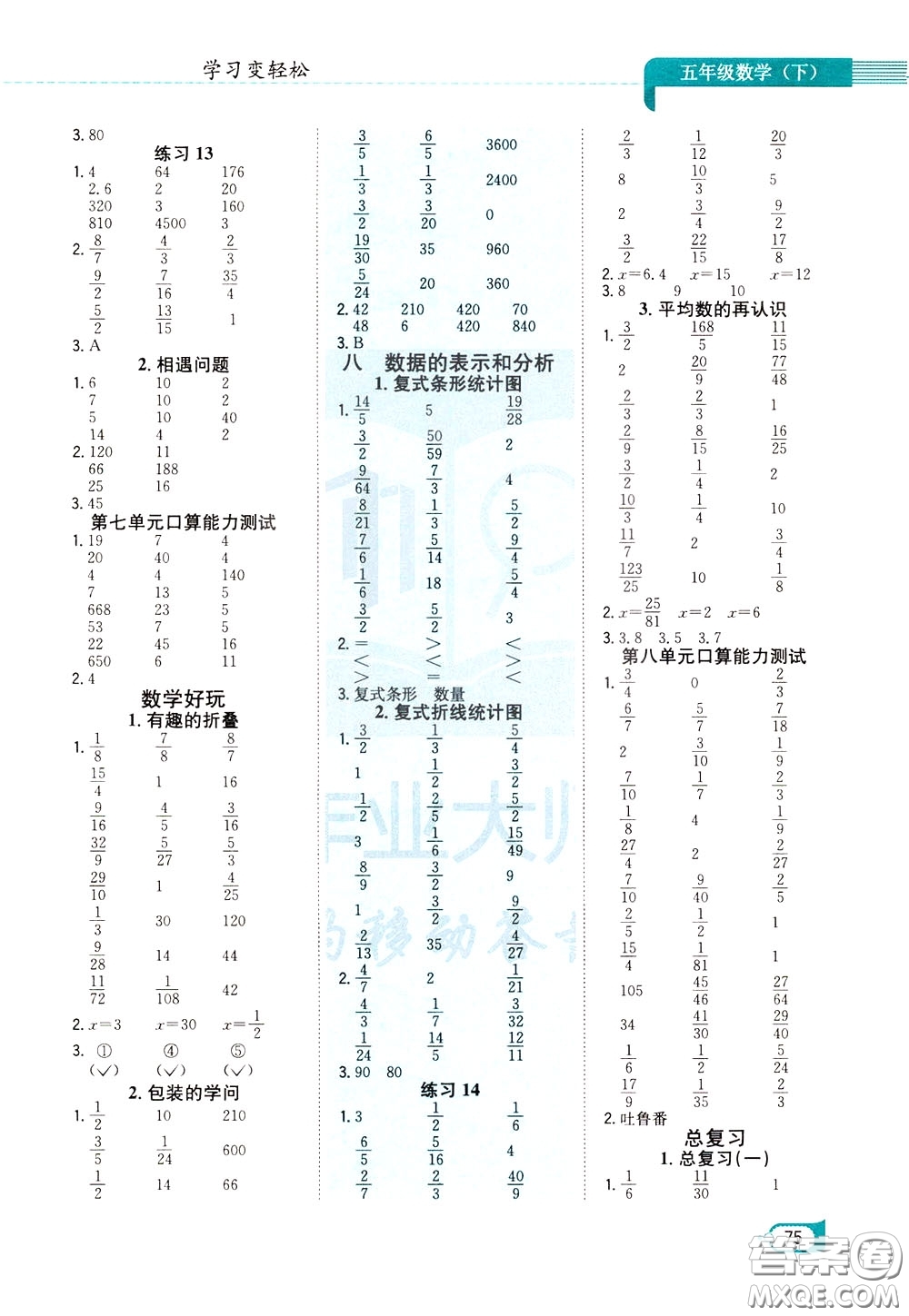 陜西人民教育出版社2020年口算一本通五年級下冊數(shù)學(xué)北京師大版參考答案