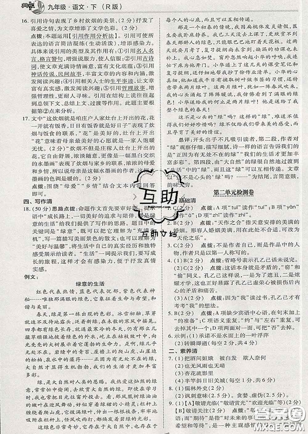 2020春綜合應(yīng)用創(chuàng)新題典中點(diǎn)九年級語文下冊人教版答案