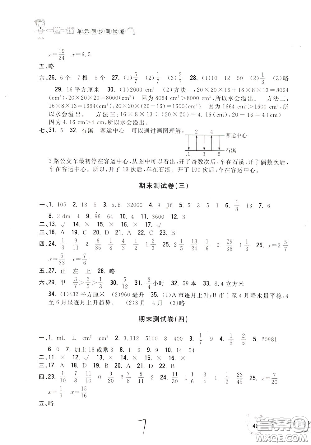 2020年一卷一練單元同步測(cè)試卷數(shù)學(xué)五年級(jí)下冊(cè)R版人教版參考答案