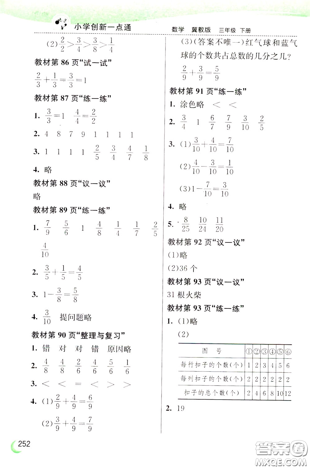 2020年小學(xué)創(chuàng)新一點(diǎn)通數(shù)學(xué)三年級下冊冀教版參考答案