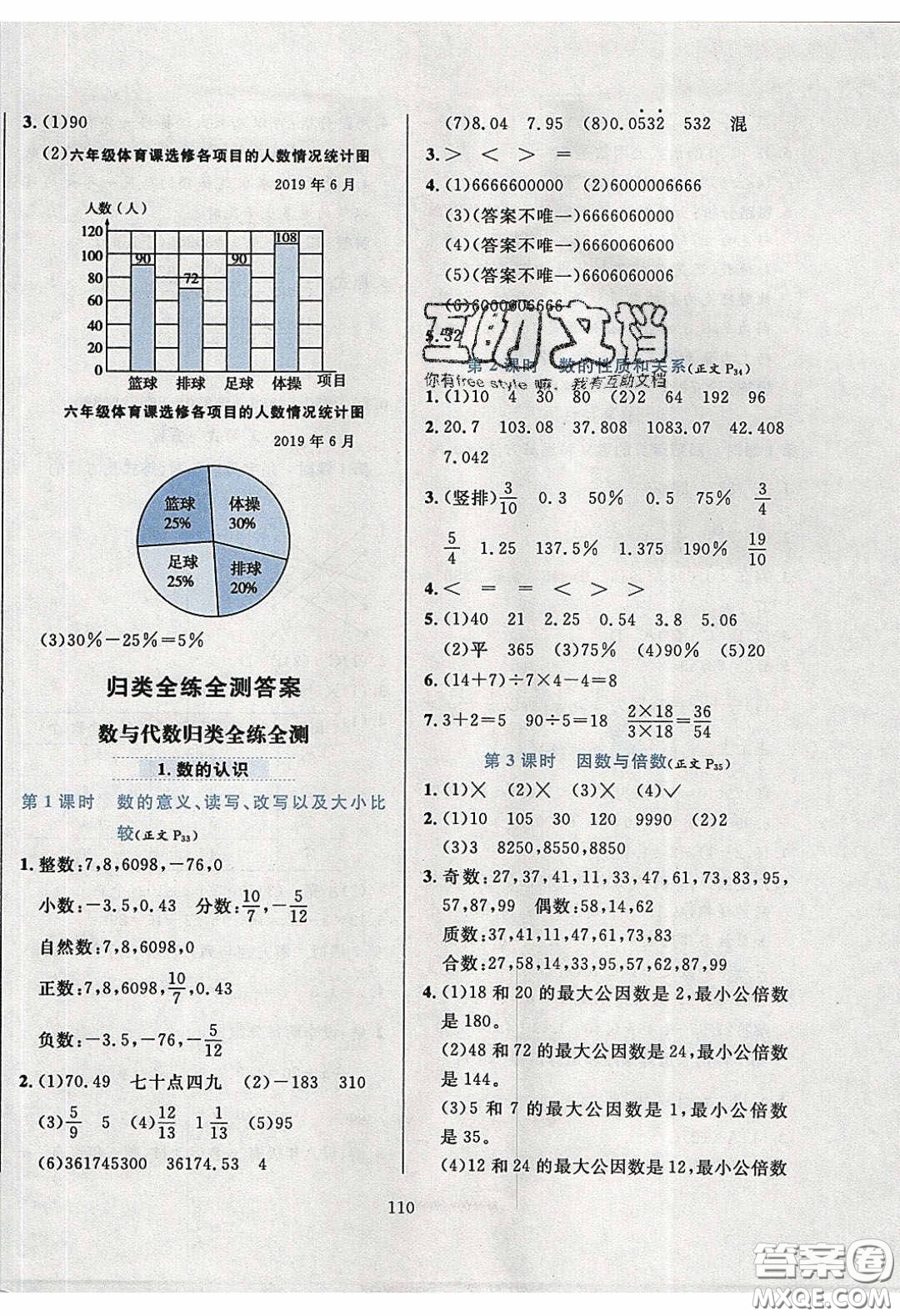 2020年小學(xué)教材全練六年級數(shù)學(xué)下冊西師大版答案