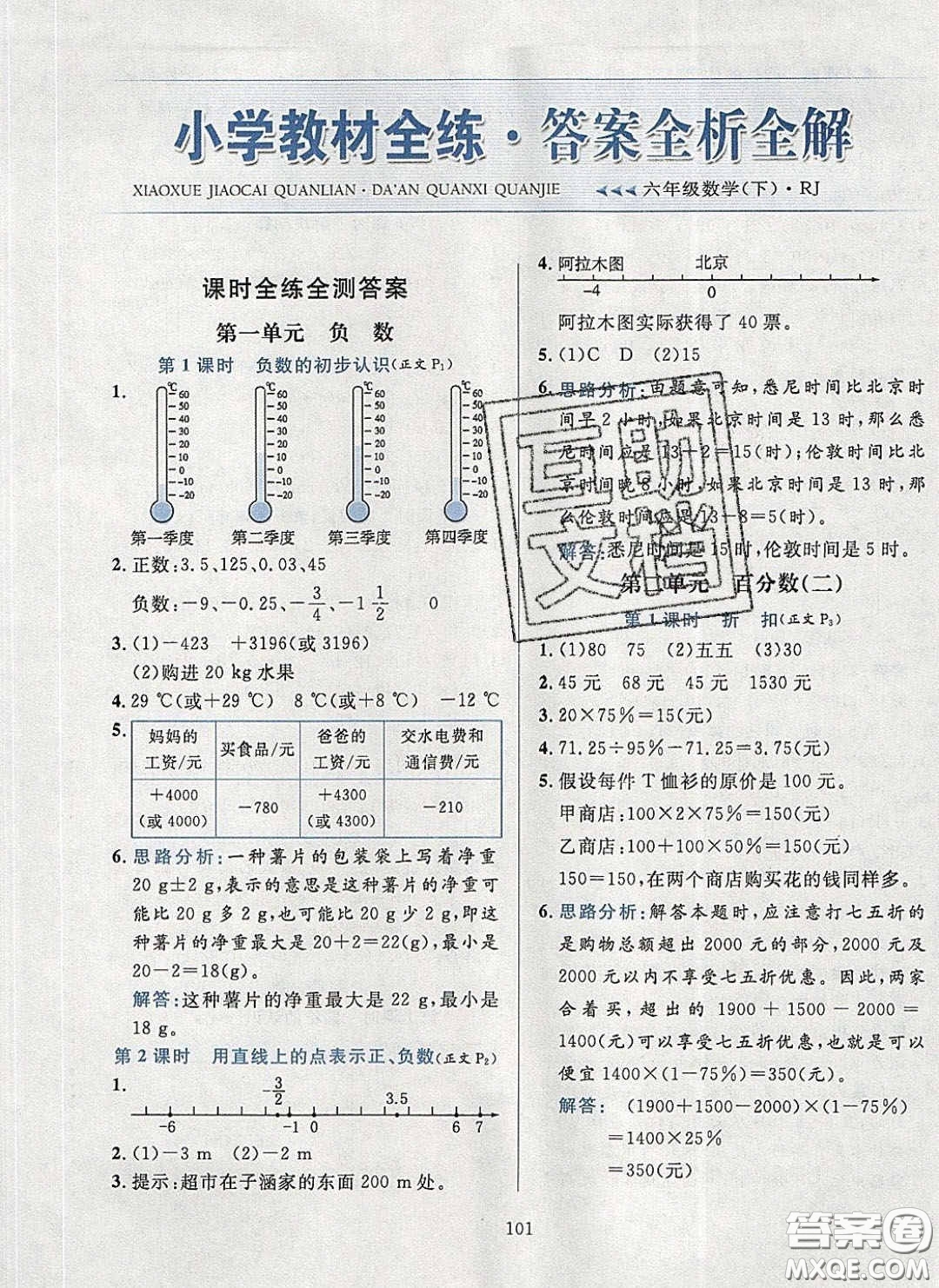 2020年小學(xué)教材全練六年級(jí)數(shù)學(xué)下冊人教版答案