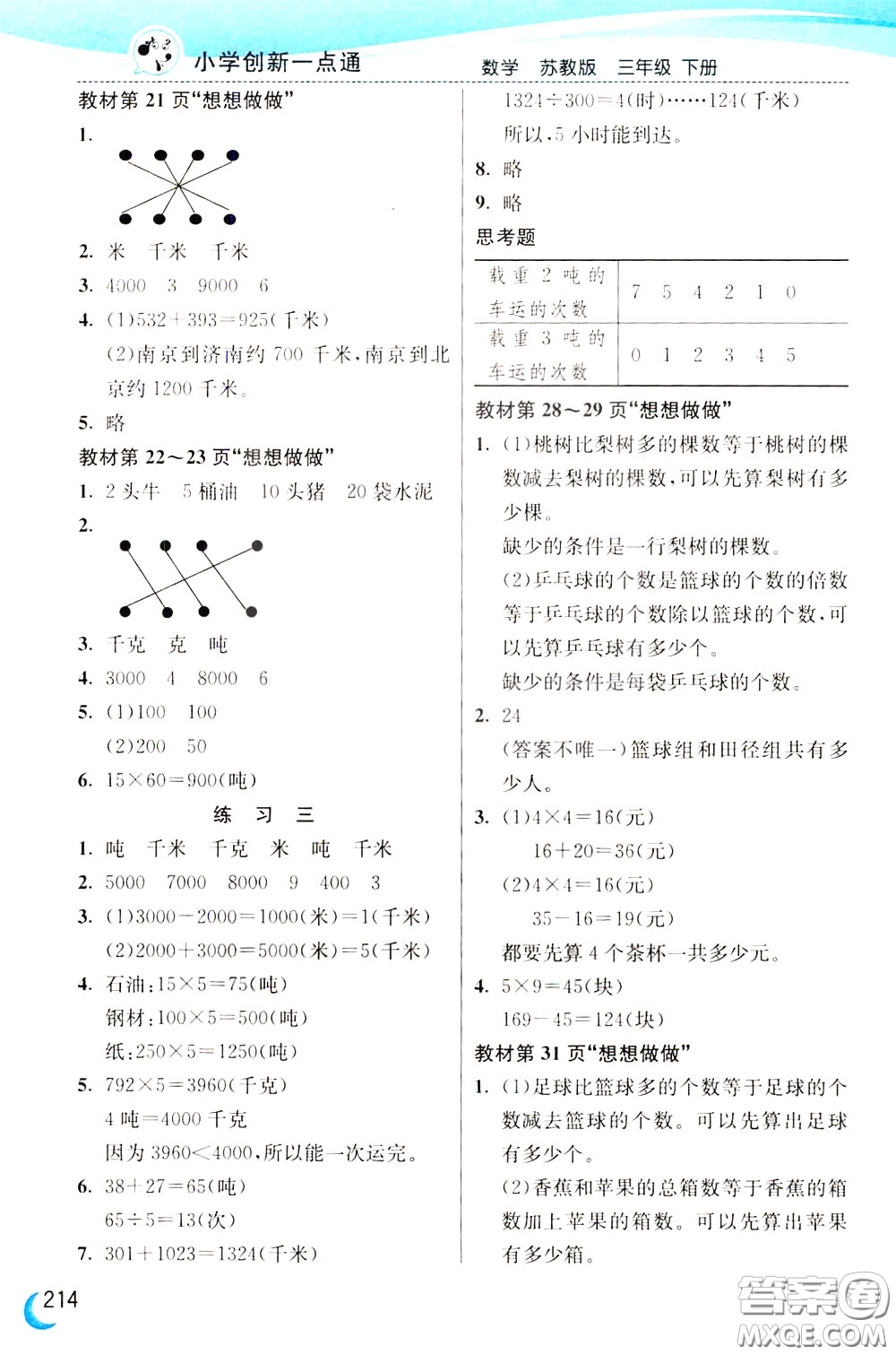 2020年小學創(chuàng)新一點通數(shù)學三年級下冊蘇教版參考答案