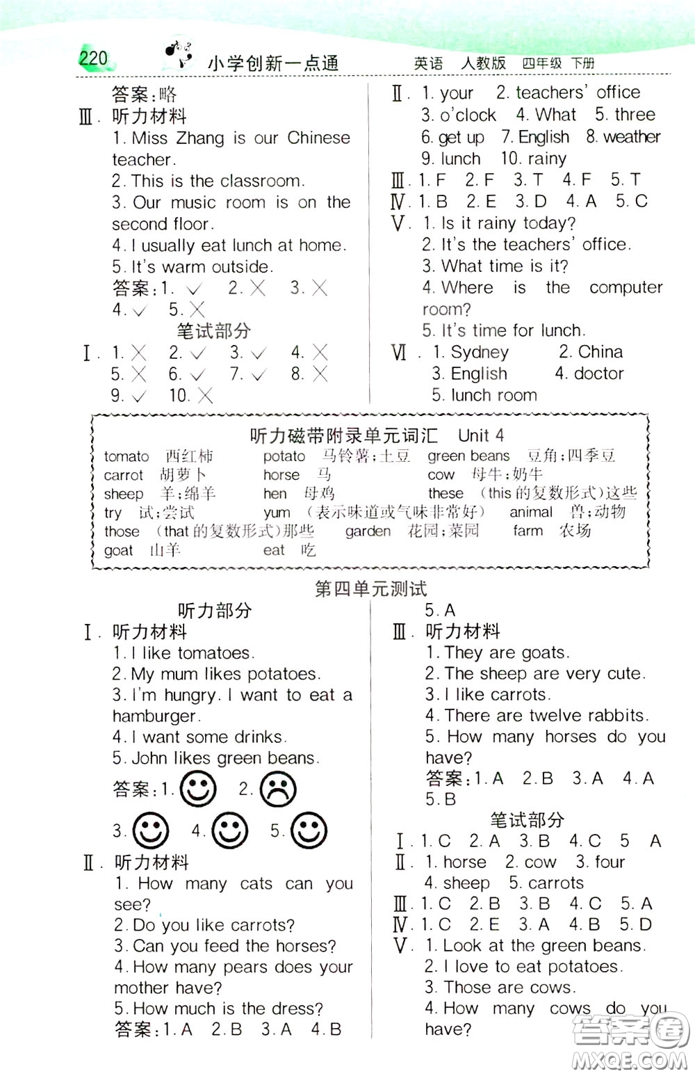 2020年小學創(chuàng)新一點通英語四年級下冊人教版參考答案