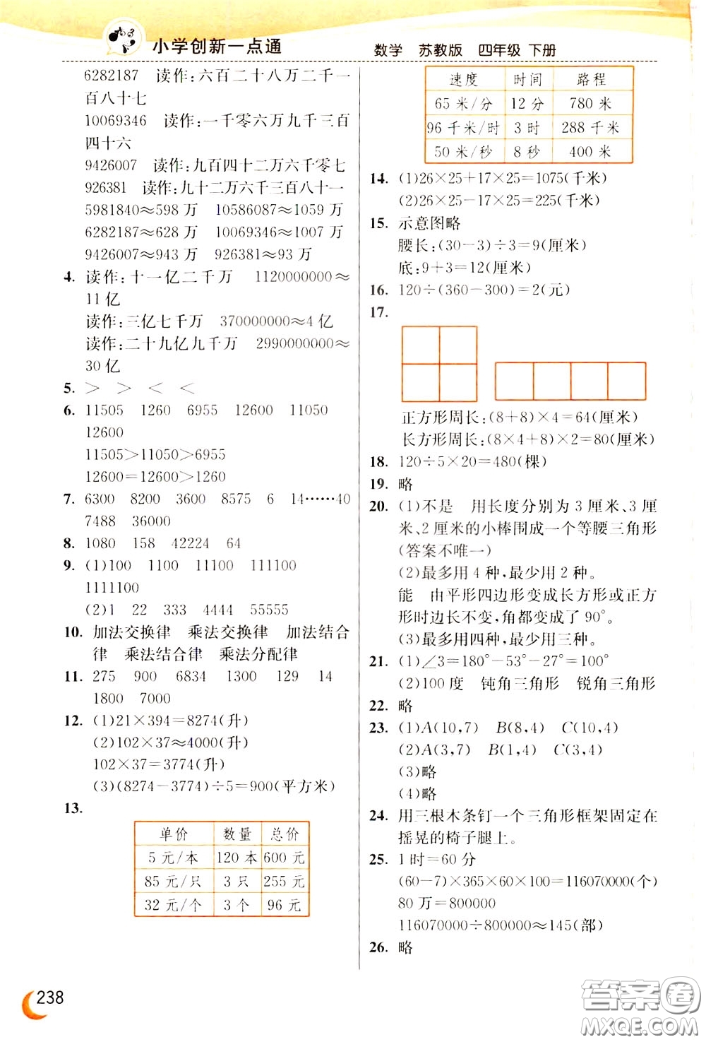 2020年小學(xué)創(chuàng)新一點通數(shù)學(xué)四年級下冊蘇教版參考答案