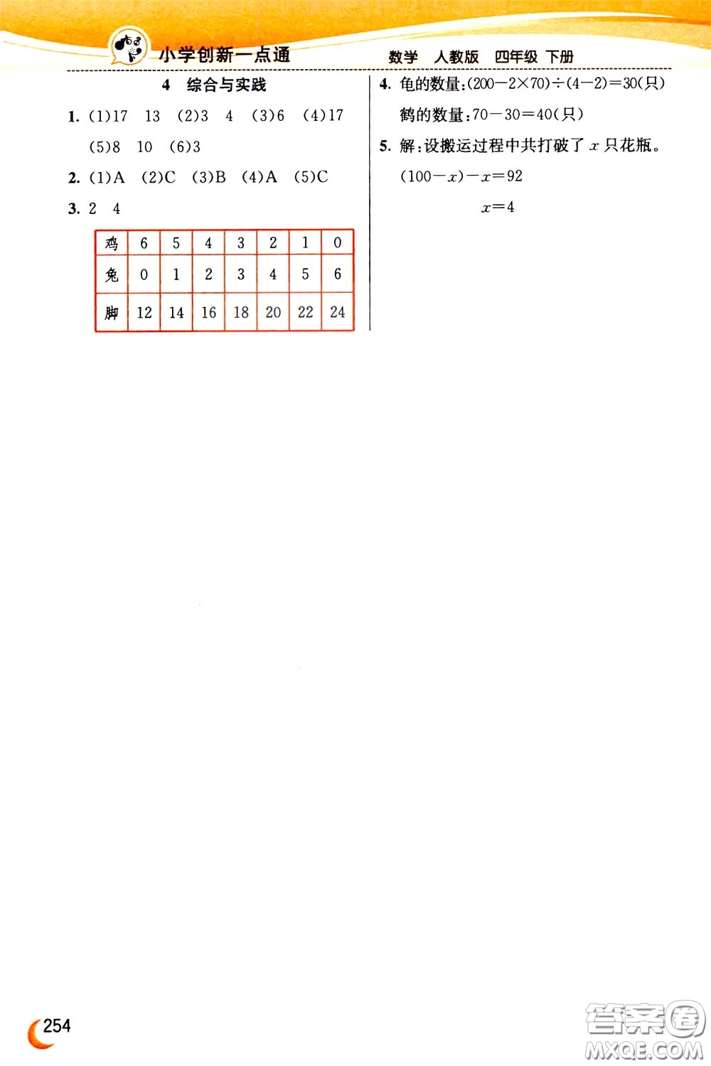 2020年小學創(chuàng)新一點通數學四年級下冊人教版參考答案