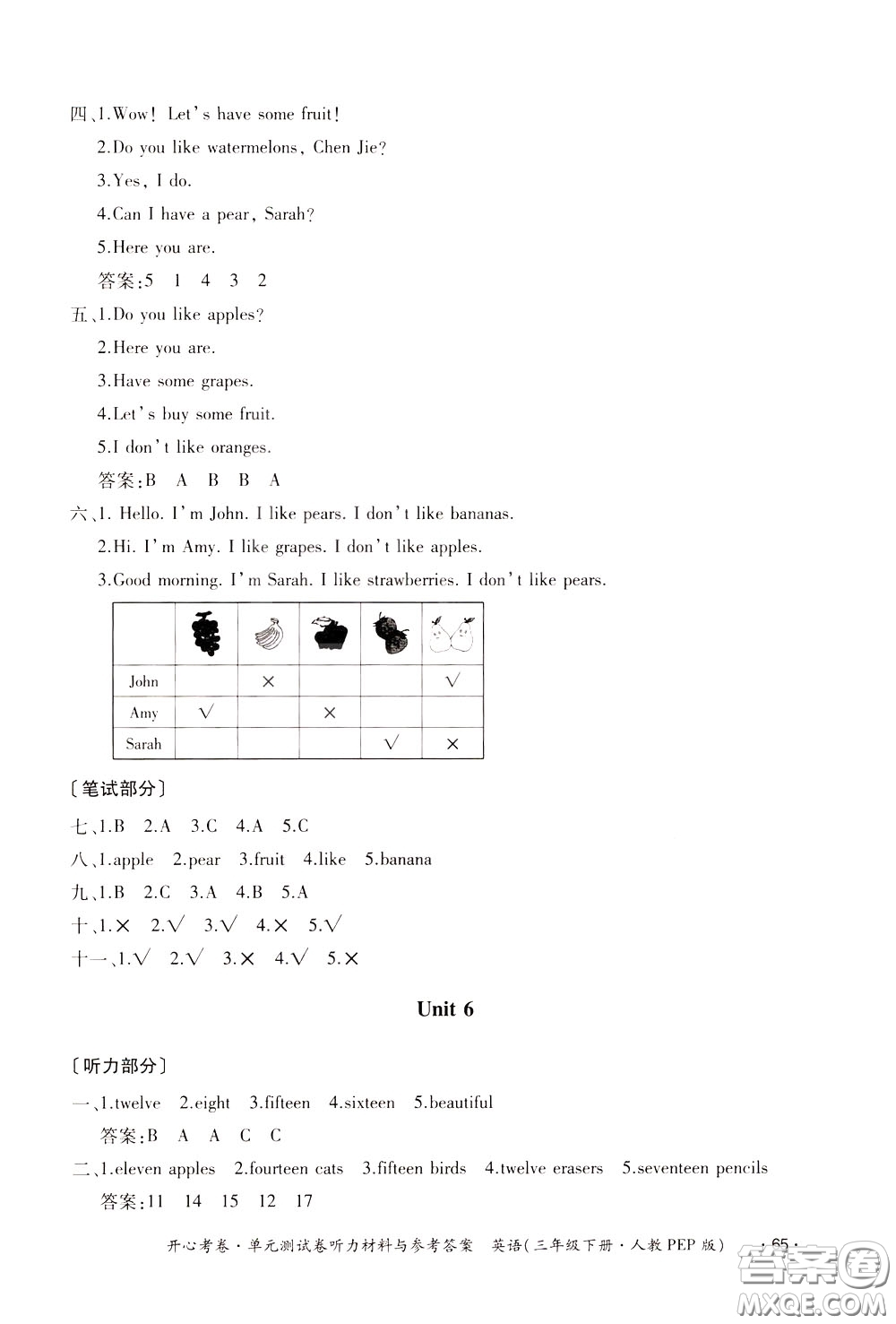 2020年開(kāi)心考卷單元試卷英語(yǔ)三年級(jí)下冊(cè)人教PEP版參考答案