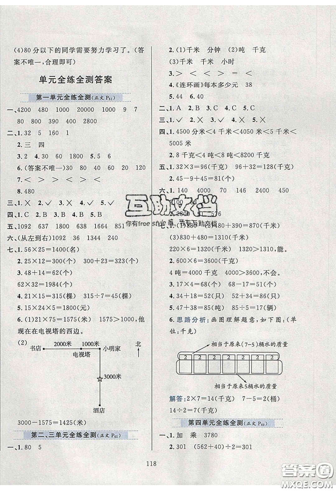 2020年小學(xué)教材全練三年級(jí)數(shù)學(xué)下冊(cè)江蘇版答案