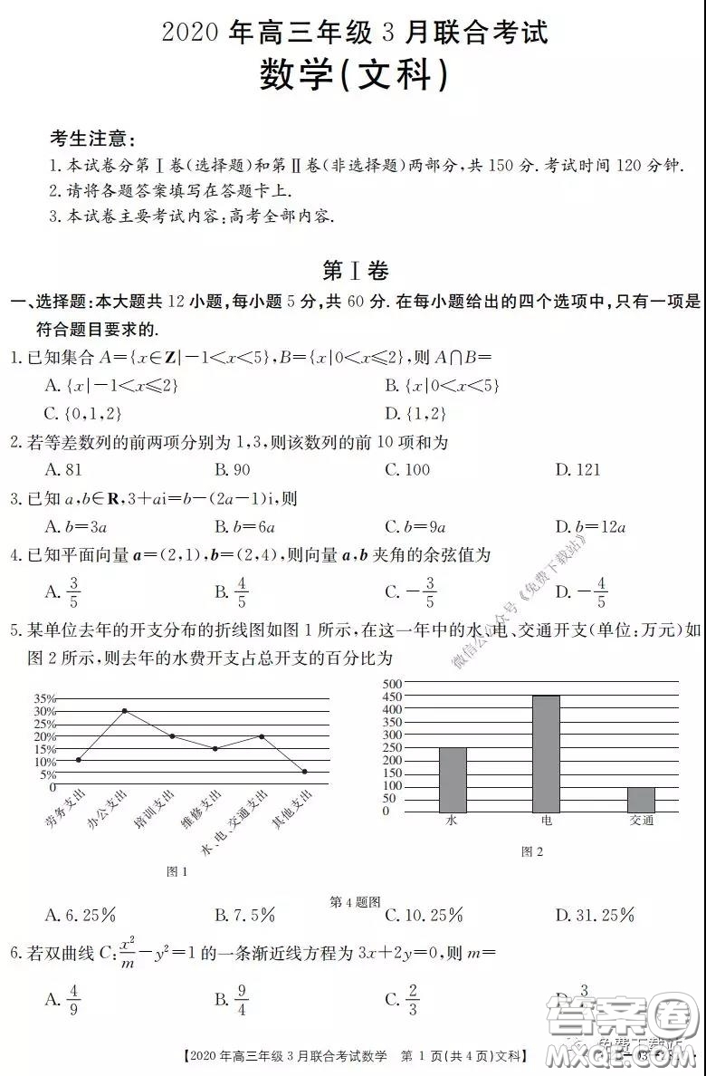 金太陽2020年高三年級3月聯(lián)合考試文科數(shù)學(xué)試題及答案