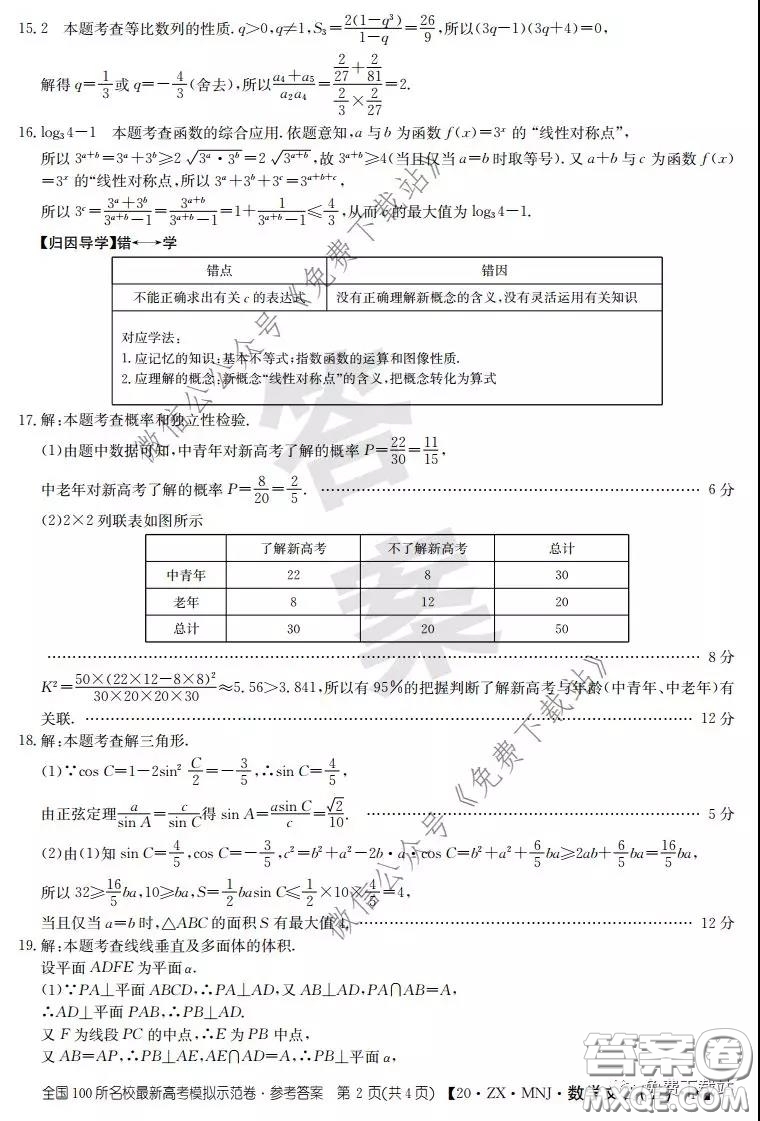 2020年全國100所名校最新高考模擬示范卷五文科數(shù)學答案