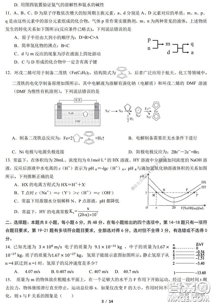 華中師大一附中2020屆高三3月測(cè)試?yán)砜凭C合試題及答案