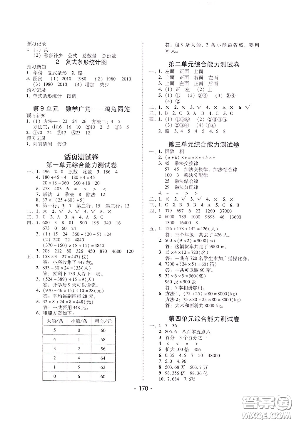 2020年課時學(xué)練測學(xué)生用書數(shù)學(xué)四年級下冊人教版參考答案