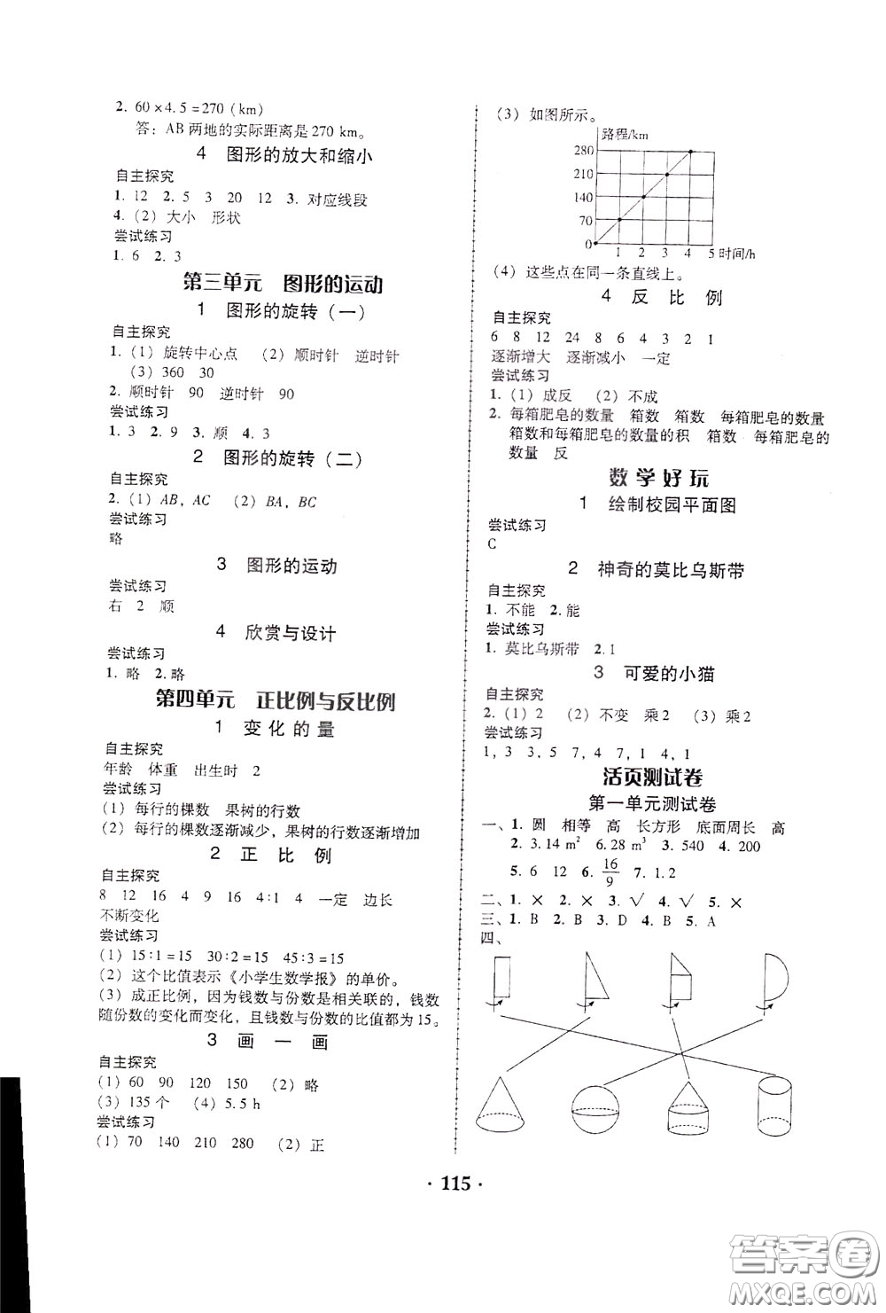 2020年課時學(xué)練測學(xué)生用書數(shù)學(xué)六年級下冊北師大版參考答案