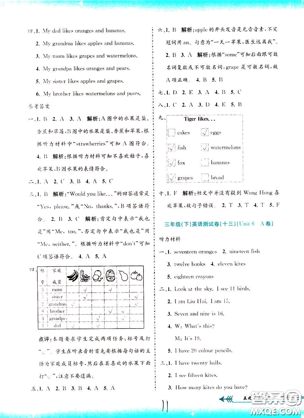 孟建平系列叢書2020年小學(xué)單元測試英語三年級下冊R人教版參考答案