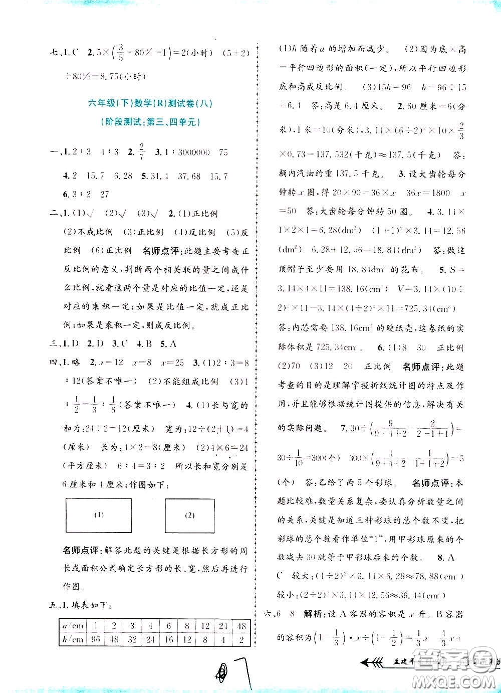 孟建平系列叢書2020年小學(xué)單元測(cè)試數(shù)學(xué)六年級(jí)下冊(cè)R人教版參考答案