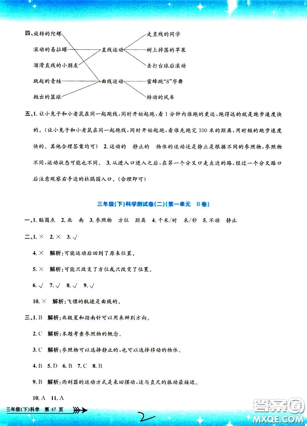 孟建平系列叢書2020年小學(xué)單元測試科學(xué)三年級下冊J教科版參考答案