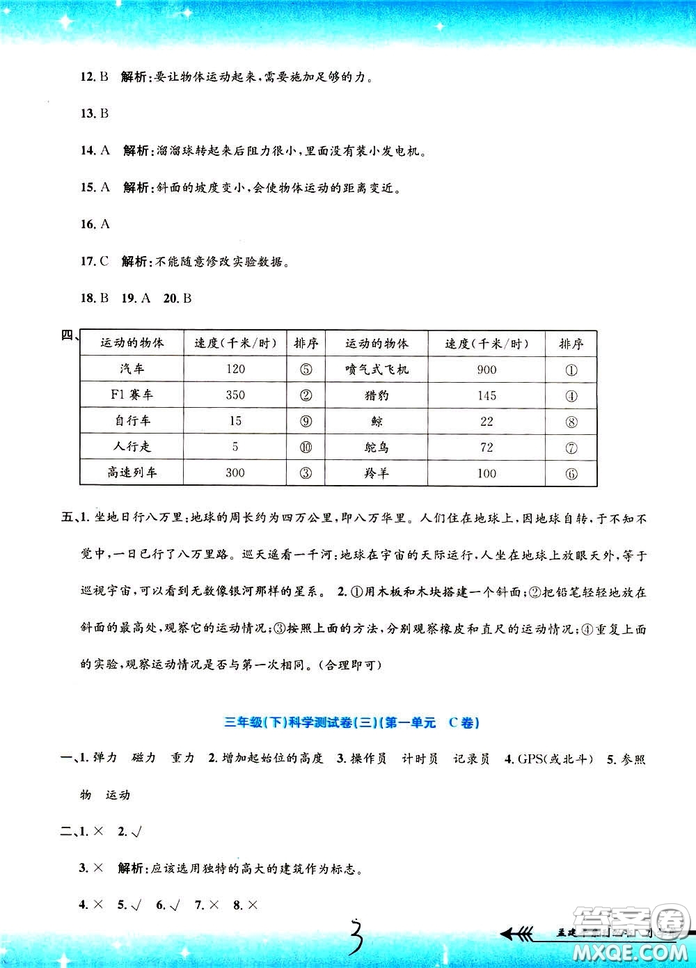 孟建平系列叢書2020年小學(xué)單元測試科學(xué)三年級下冊J教科版參考答案