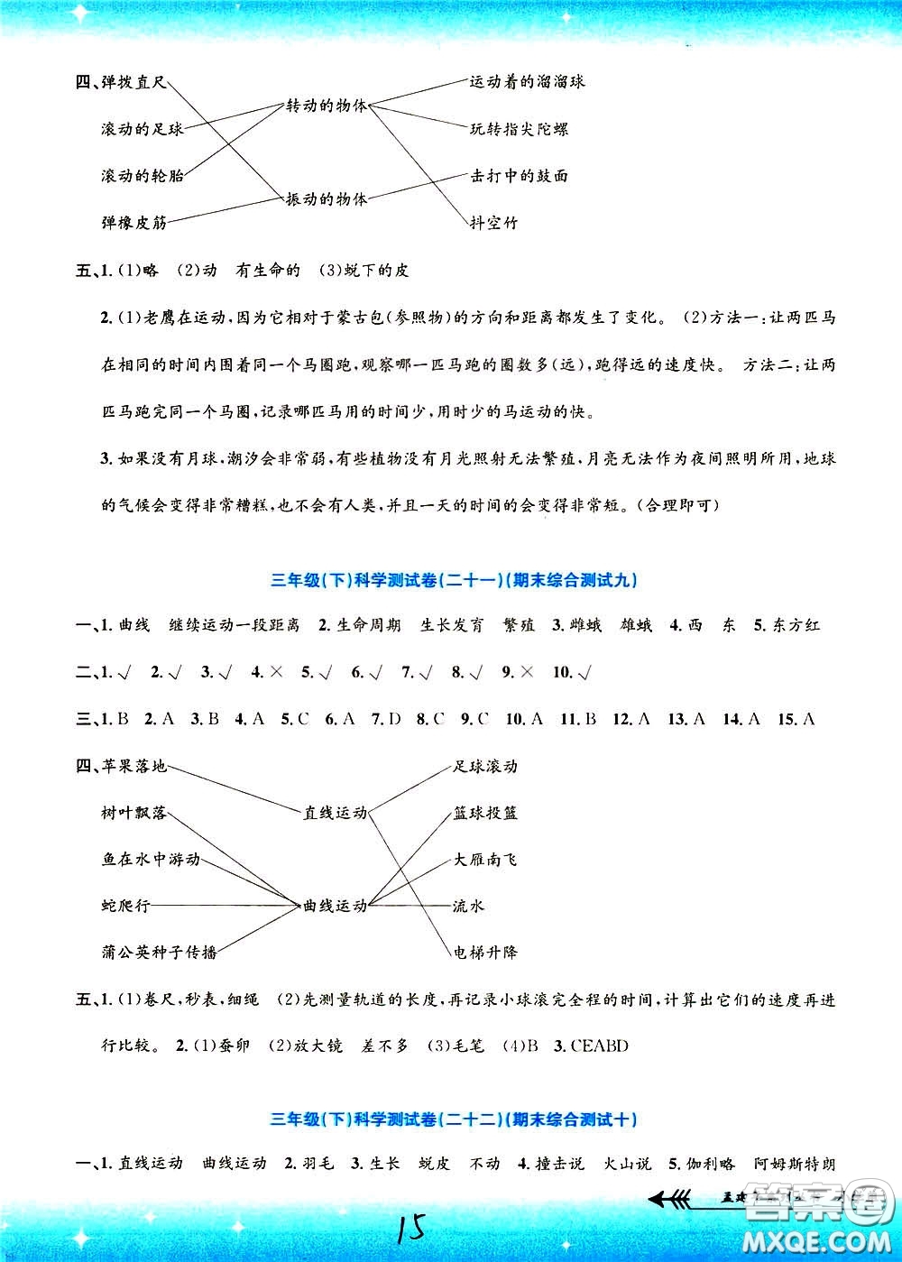 孟建平系列叢書2020年小學(xué)單元測試科學(xué)三年級下冊J教科版參考答案