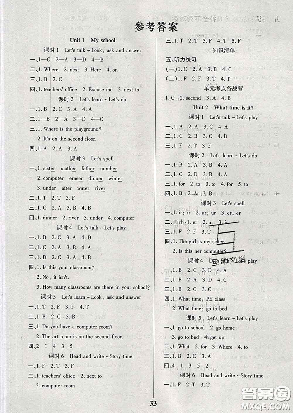 沈陽(yáng)出版社2020新版優(yōu)秀三好生四年級(jí)英語(yǔ)下冊(cè)人教版答案