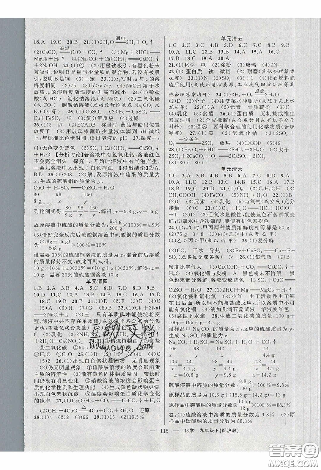 2020年四清導(dǎo)航九年級(jí)化學(xué)下冊(cè)滬教版答案