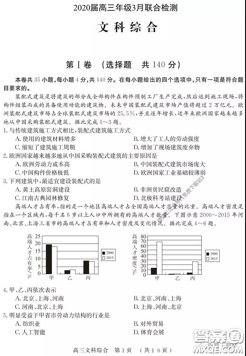 河南六市2020屆高三年級3月聯(lián)合檢測文科綜合試題及答案