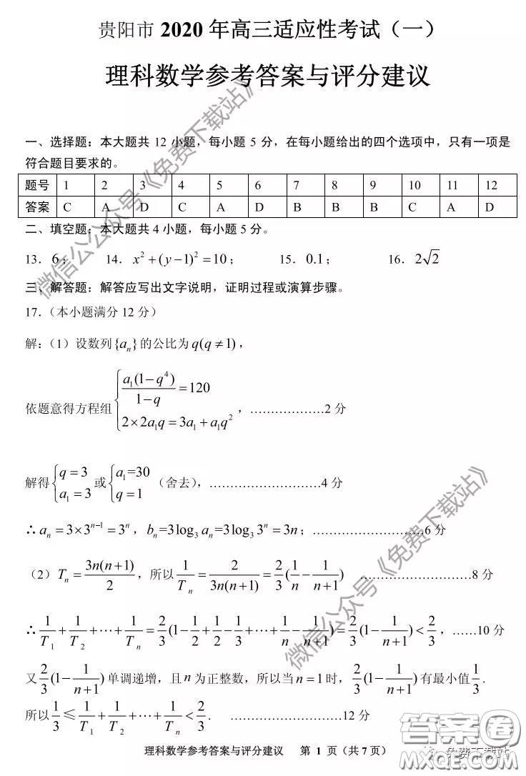 貴陽市2020年高考適應(yīng)性考試一理科數(shù)學(xué)試題及答案