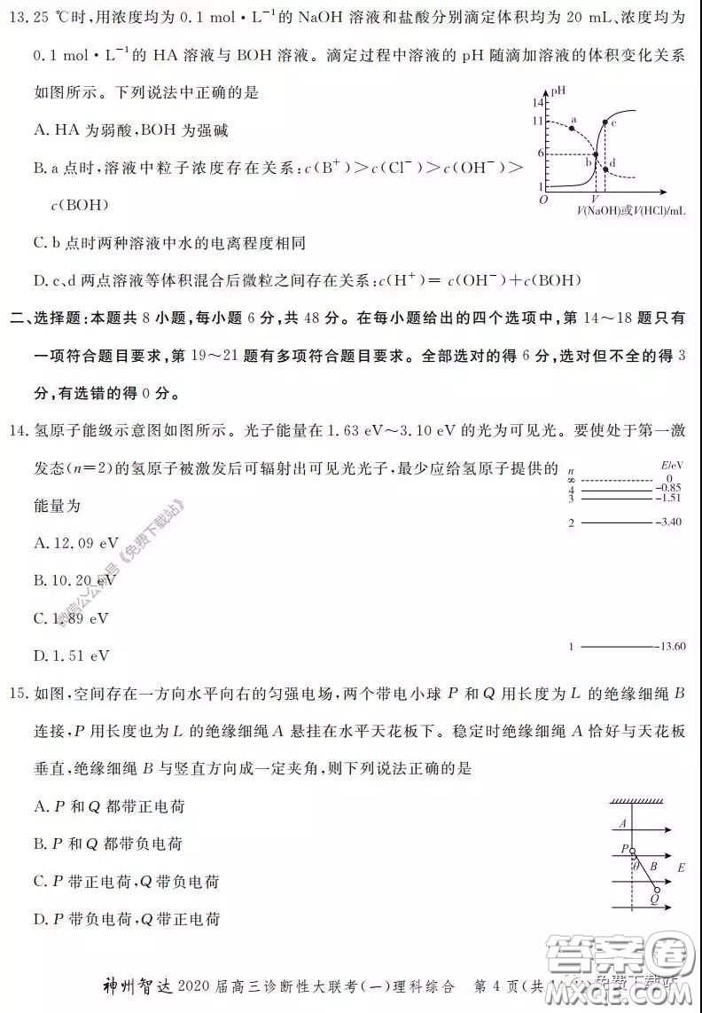 神州智達2020屆高三診斷性大聯(lián)考一理科綜合試題及答案