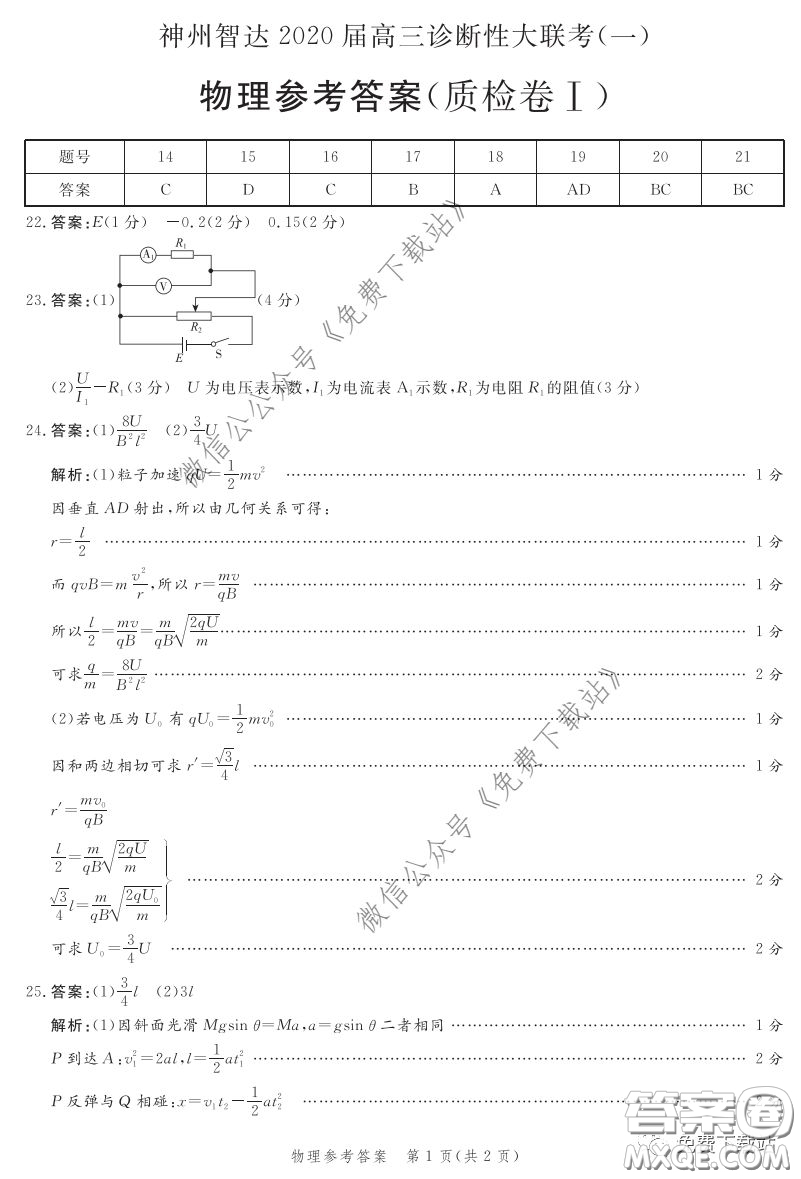 神州智達2020屆高三診斷性大聯(lián)考一理科綜合試題及答案