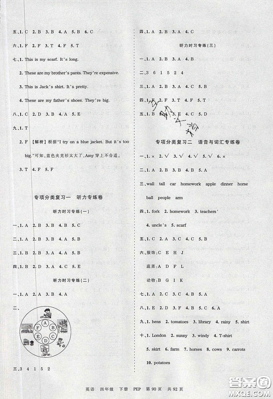 江西人民出版社2020年王朝霞考點梳理時習(xí)卷四年級英語下冊人教PEP版答案