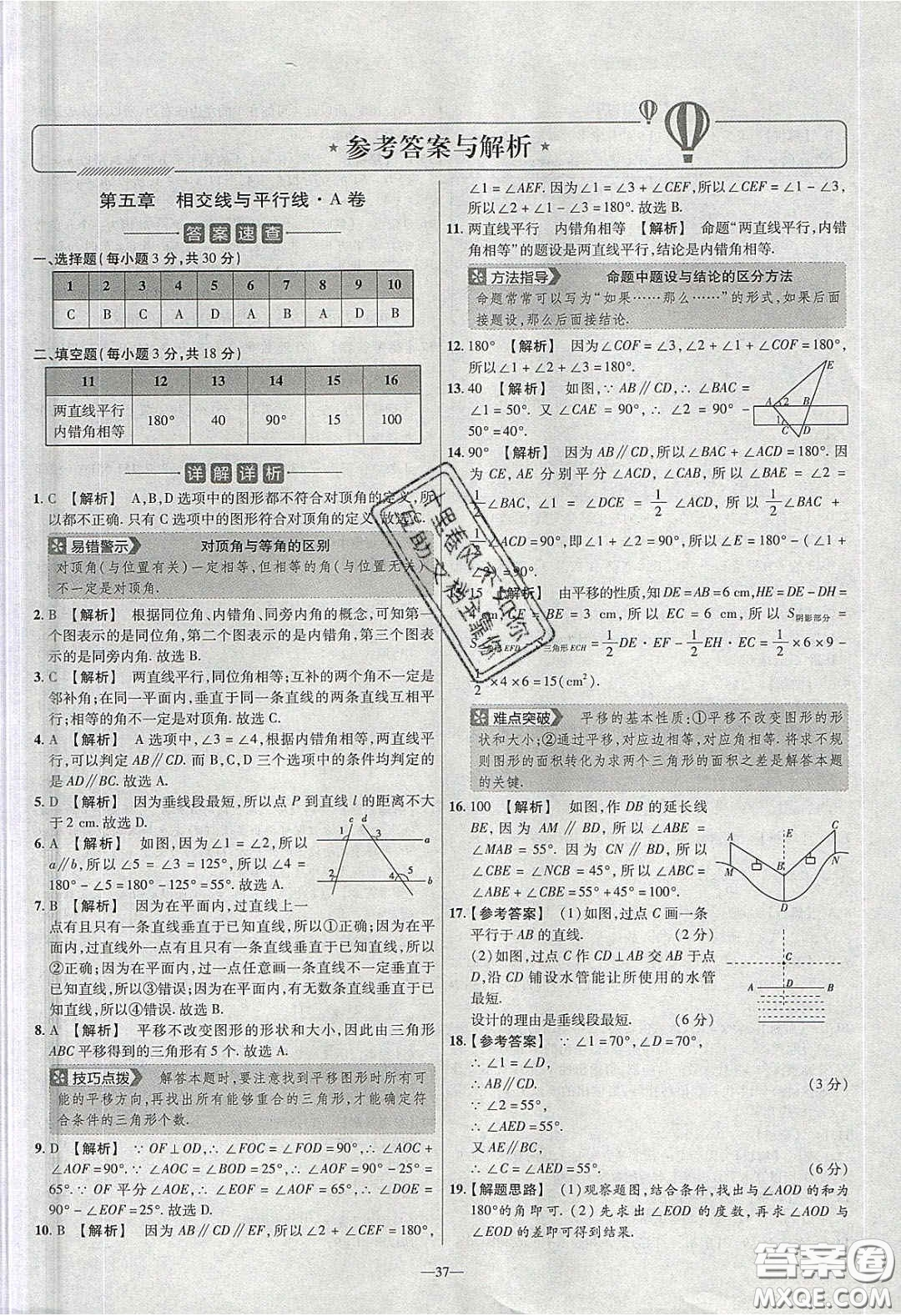 2020年金考卷活頁題選名師名題單元雙測七年級數(shù)學(xué)下冊人教版答案