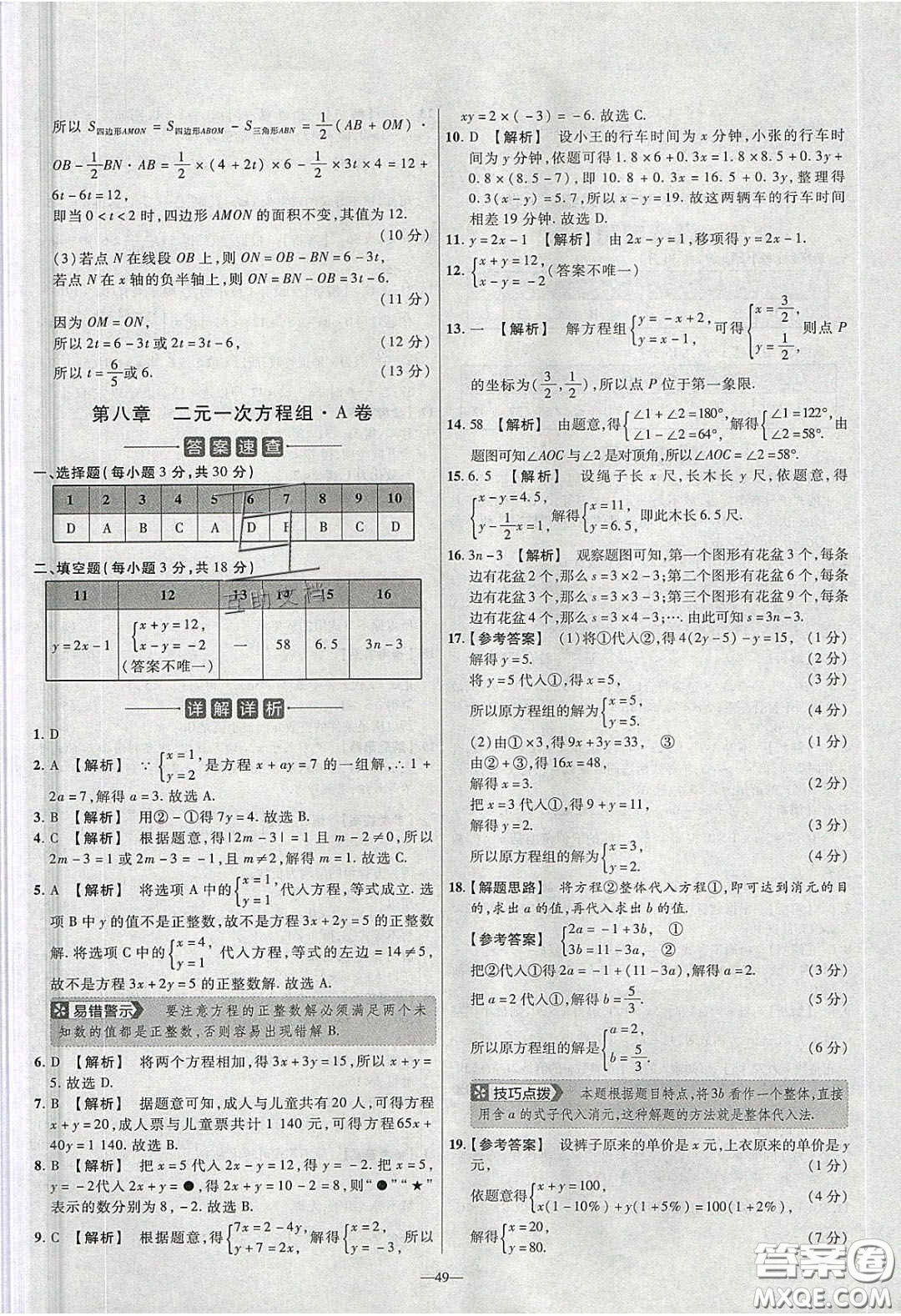 2020年金考卷活頁題選名師名題單元雙測七年級數(shù)學(xué)下冊人教版答案