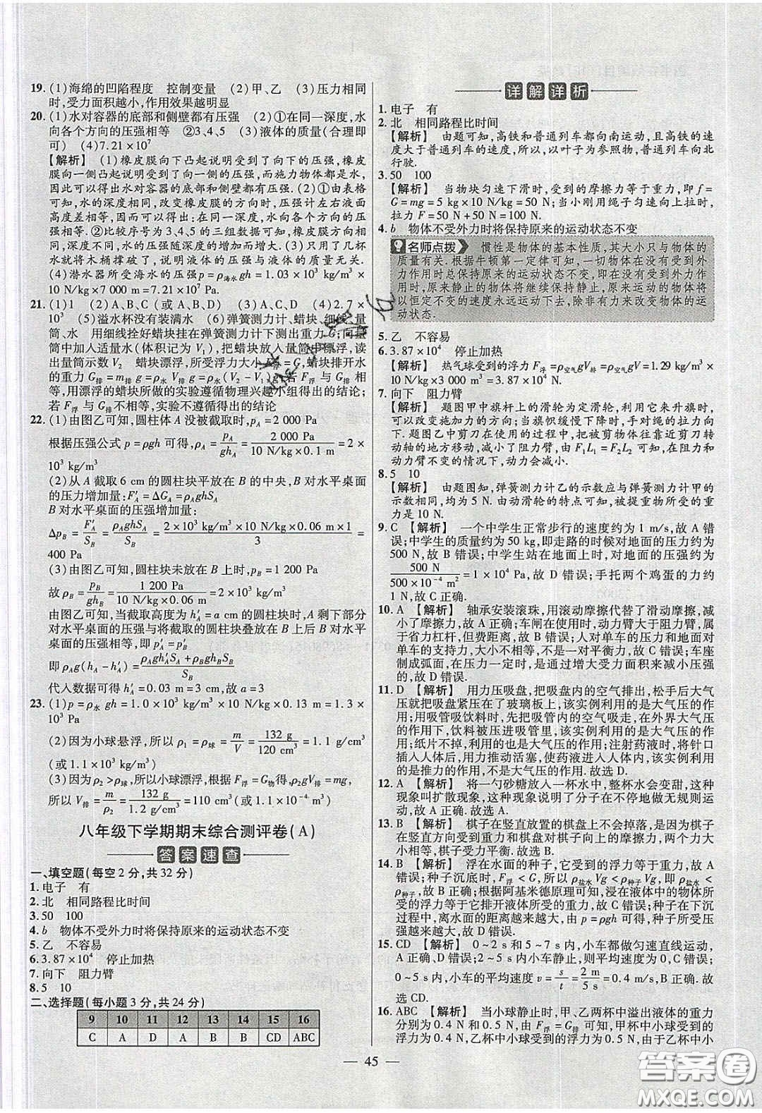 2020年金考卷活頁題選名師名題單元雙測八年級物理下冊滬粵版答案